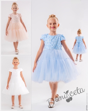 Официална детска рокля в светлосиньо с тюл и 3Д цветя 2