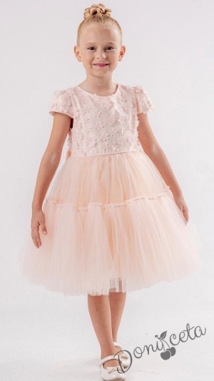 Официална детска рокля в прасковено с тюл и 3Д цветя
