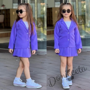 Детски комплект за момиче от 3 части- пола и сако в лилаво и потник в бяло 1