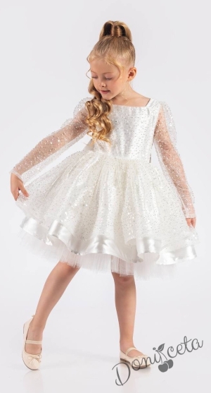Официална детска рокля в бяло в брокат с дълъг ръкав Естел