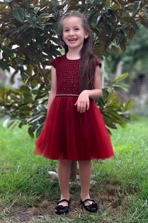 Детска официална рокля с къс ръкав с бордо с тюл Кали