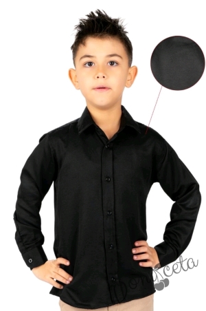 Детска риза в черно с дълъг ръкав за момче с яка1
