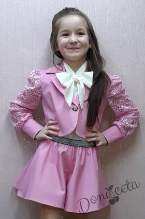 Комплект Тея от пола-панталон, сако и блуза с панелка в розово 2
