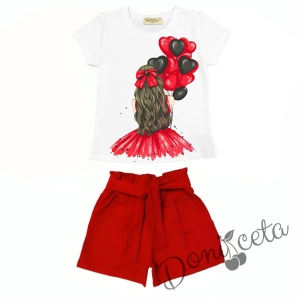 Комплект за момиче от тениска в бяло с балони и къси панталони в червено