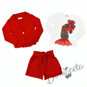 Комплект за момиче от блуза в бяло с балони, къси панталони и сако в червено 1
