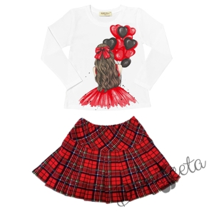 Комплект за момиче от блуза в бяло с балони и пола каре в червено 1