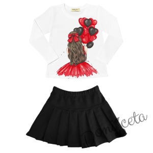 Комплект за момиче от блуза в бяло с балони в червено и пола плисе в черно