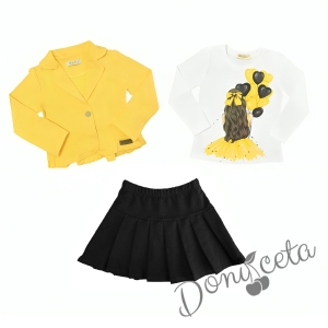 Комплект за момиче от блуза в бяло, сако в жълто и пола в черно 1