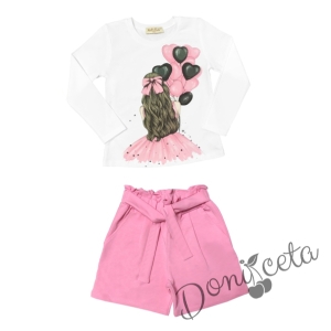Комплект за момиче от блуза в бяло с балони и къси панталони в розово
