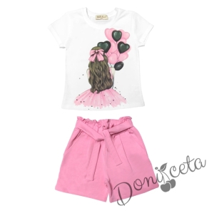 Комплект за момиче от тениска в бяло с балони и къси панталони в розово