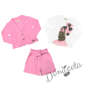 Комплект за момиче от блуза в бяло с балони, къси панталони и сако в розово