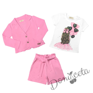Комплект за момиче от тениска в бяло с балони, къси панталони и сако в розово