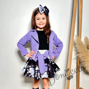 Детски комплект за момиче от 4 части- пола,сако, блуза с къс ръкав и диадема за коса в лилаво