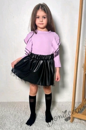 Комплект за момиче от кожена в черно и блуза в лилаво 1
