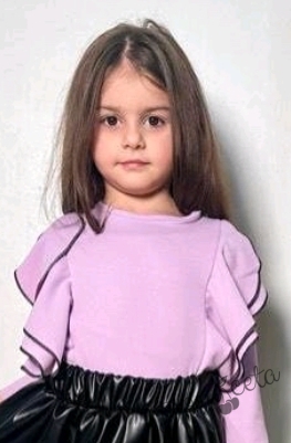 Комплект за момиче от кожена в черно и блуза в лилаво 2