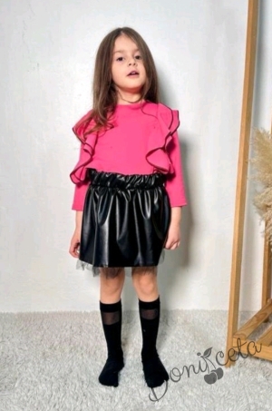 Комплект за момиче от кожена пола в черно и блуза в циклама