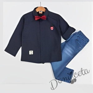 Комплект за момче от риза с дълъг ръкав в тъмносиньо с папийонка и дънки