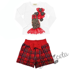 Комплект за момиче от блуза в бяло с балони и панталони каре в червено