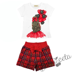 Комплект за момиче от тениска в бяло с балони и панталони каре в червено