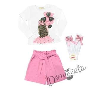 Комплект за момиче от блуза в бяло с балони и къси панталони в розово и чорапи