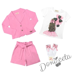 Комплект за момиче от тениска в бяло с балони, къси панталони и сако в розово и чорапи