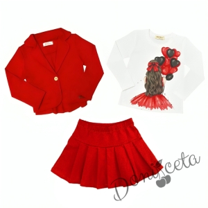 Комплект за момиче от блуза в бяло, сако в и пола в червено 1