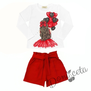 Комплект за момиче от блуза в бяло с балони и къси панталони в червено и чорапи 2
