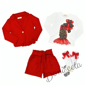 Комплект за момиче от блуза в бяло с балони, къси панталони и сако в червено и чорапи