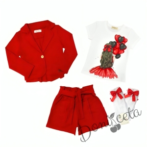 Комплект за момиче от тениска в бяло с балони, къси панталони и сако в червено с чорапи