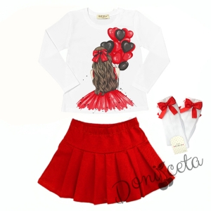 Комплект за момиче от блуза в бяло с балони в чеврено и пола плисе в червено с чорапи 1