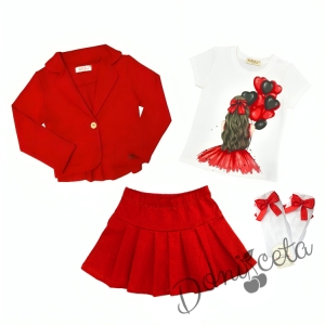Комплект за момиче от тениска в бяло, сако и пола в червено и чорапи