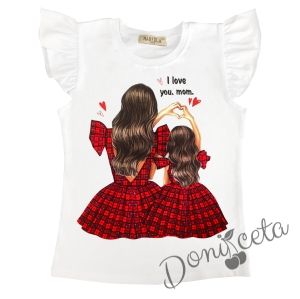 Детска тениска в бяло с крилце за момиче с майка и дъщеря каре 1