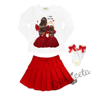 Комплект за момиче от блуза в бяло с майка и дъщеря и пола плисе в червено и чорапи