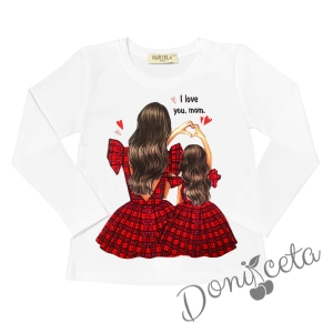 Комплект за момиче от блуза в бяло с майка и дъщеря и пола плисе в червено и чорапи 3