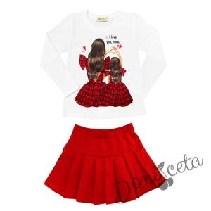 Комплект за момиче от блуза в бяло с майка и дъщеря, сако и пола плисе в червено и чорапи 3