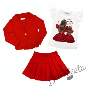 Комплект за момиче от тениска в бяло с майка и дъщеря, сако и пола плисе в червено