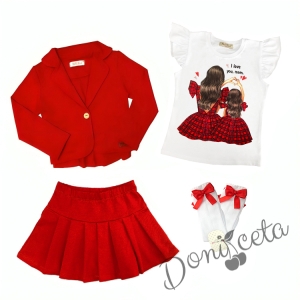 Комплект за момиче от тениска в бяло с майка и дъщеря, сако и пола плисе в червено и чорапи