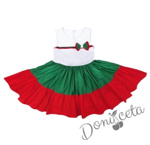 Детска рокля в бяло, зелено и червено за момиче с панделка