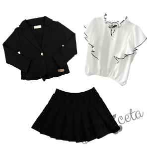 Комплект от риза в бяло с черни и къдрици, сако и пола в черно