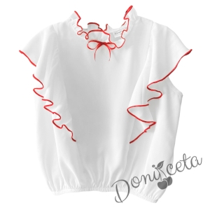 Комплект от риза в бяло с червени къдрици и пола плисе в черен цвят 2 