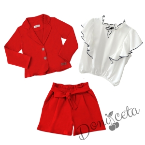 Комплект от риза в бяло с черни къдрици, сако и къси панталони в червен цвят 1