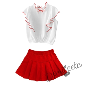 Комплект от риза в бяло с червени къдрици и пола плисе в червен цвят 1
