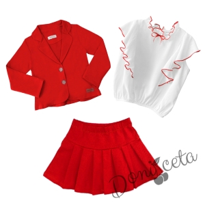 Комплект от риза в бяло с червени къдрици, сако и пола плисе в червен цвят 1