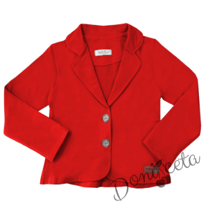 Комплект от риза в бяло с червени къдрици, сако и пола плисе в червен цвят 4