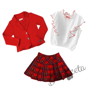 Комплект от риза в бяло с червени къдрици, сако в червено и пола плисе каре