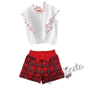 Комплект от риза в бяло с червени къдрици и къси панталони каре 1