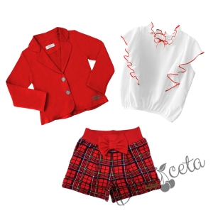 Комплект от риза в бяло с червени къдрици, сако в червено и къси панталони каре 1