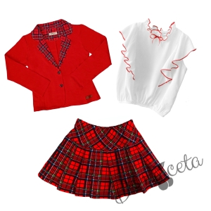 Комплект от риза в бяло с червени къдрици, сако и пола плисе в червено каре 1