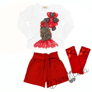 Комплект за момиче от блуза в бяло с балони,  къси панталони и чорапи в червено