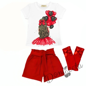 Комплект за момиче от тениска в бяло с балони, къси панталони и чорапи в червено